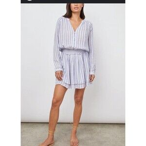 Rails Jasmine Mini Dress Large Womens Smock Waist Striped Linen Blend Blue White